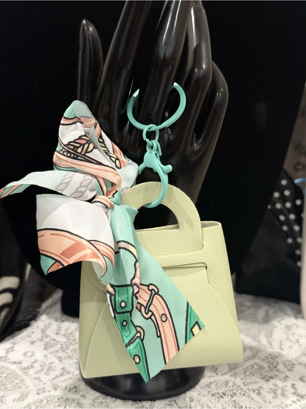 Mini Green Top-Handle Keychain Bag with Printed Scarf